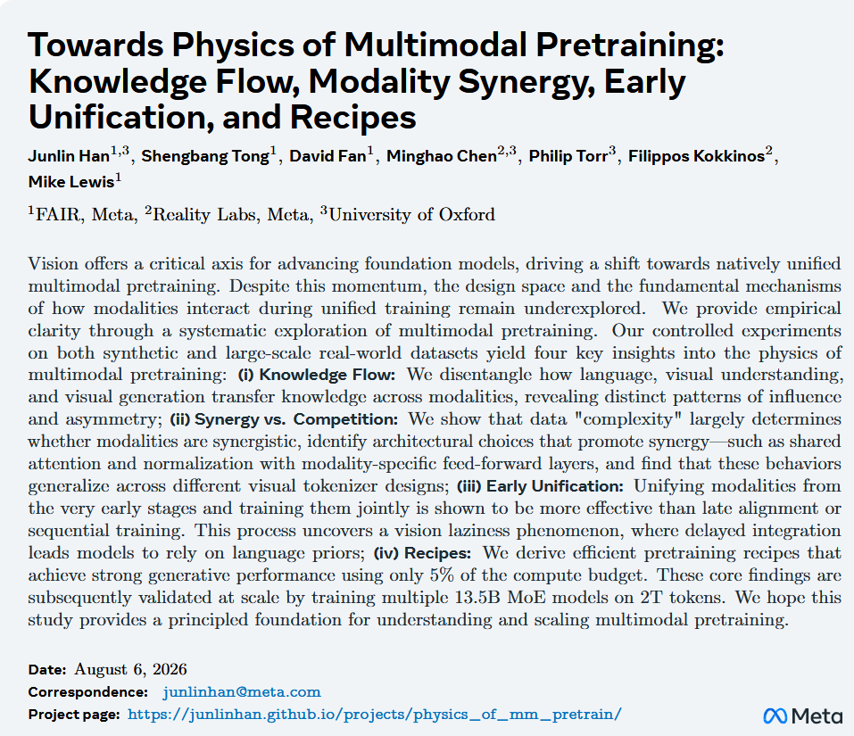 Teaser for Towards Physics of Multimodal Pretraining: Knowledge Flow, Modality Synergy, Early Unification, and Recipes